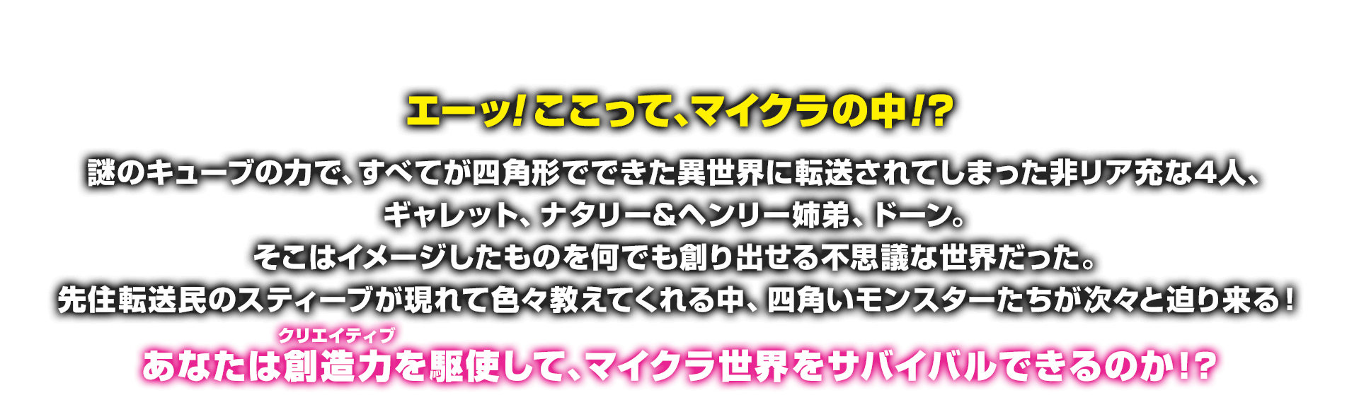 
				STORY
				エーッ！ここって、マイクラの中！？
				謎のキューブの力で、すべてが四角形でできた異世界に転送されてしまった非リア充な4人、
				ギャレット、ナタリー&ヘンリー姉弟、ドーン。
				そこはイメージしたものを何でも創り出せる不思議な世界だった。
				先住転送民のスティーブが現れて色々教えてくれる中、四角いモンスターたちが次々と迫り来る！
				あなたは創造力(クリエイティブ)を駆使して、マイクラ世界をサバイバルできるのか！？