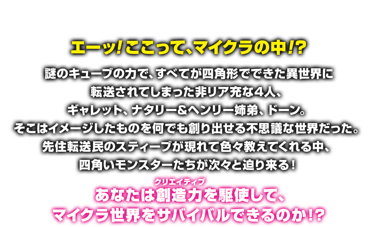 
				STORY
				エーッ！ここって、マイクラの中！？
				謎のキューブの力で、すべてが四角形でできた異世界に転送されてしまった非リア充な4人、
				ギャレット、ナタリー&ヘンリー姉弟、ドーン。
				そこはイメージしたものを何でも創り出せる不思議な世界だった。
				先住転送民のスティーブが現れて色々教えてくれる中、四角いモンスターたちが次々と迫り来る！
				あなたは創造力(クリエイティブ)を駆使して、マイクラ世界をサバイバルできるのか！？