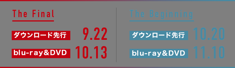 The Final：ダウンロード先行 9.22、bluray&DVD 10.13　The Beginning:：ダウンロード先行 10.20、bluray&DVD 11.11